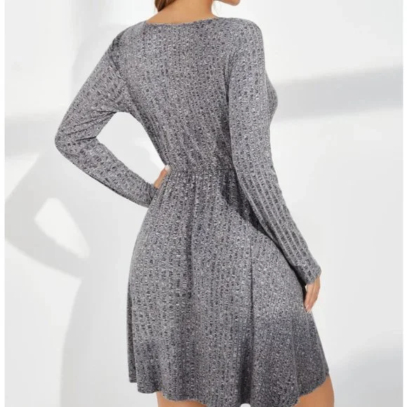 Gray V Neck Rib Knit Dress 50% OFF - Picture 2 of 6